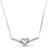Radiant Heart Wishbone & Floating Stone Curved Feather Collier Necklace