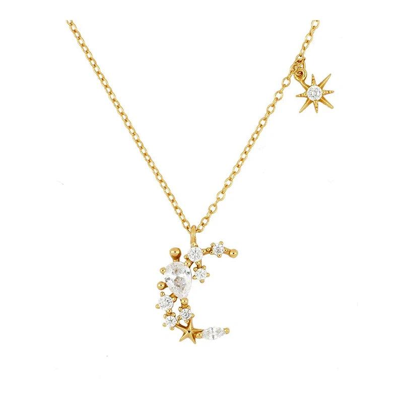 925 Silver Chain Zircon Moon/Sun Pendant Necklace Crystal Chain Jewelry