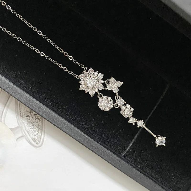 925 Silver Snowflake Tassel Pendant Necklace Women?s Charm Sweater Necklace