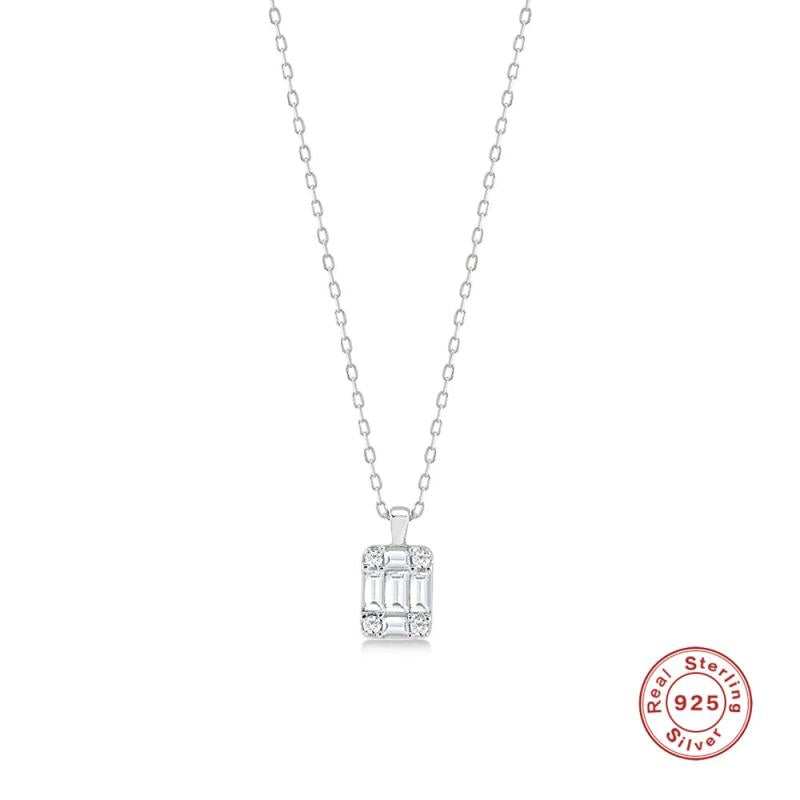925 Silver Zircon Rectangle Pendant Necklace Women Slim Choker