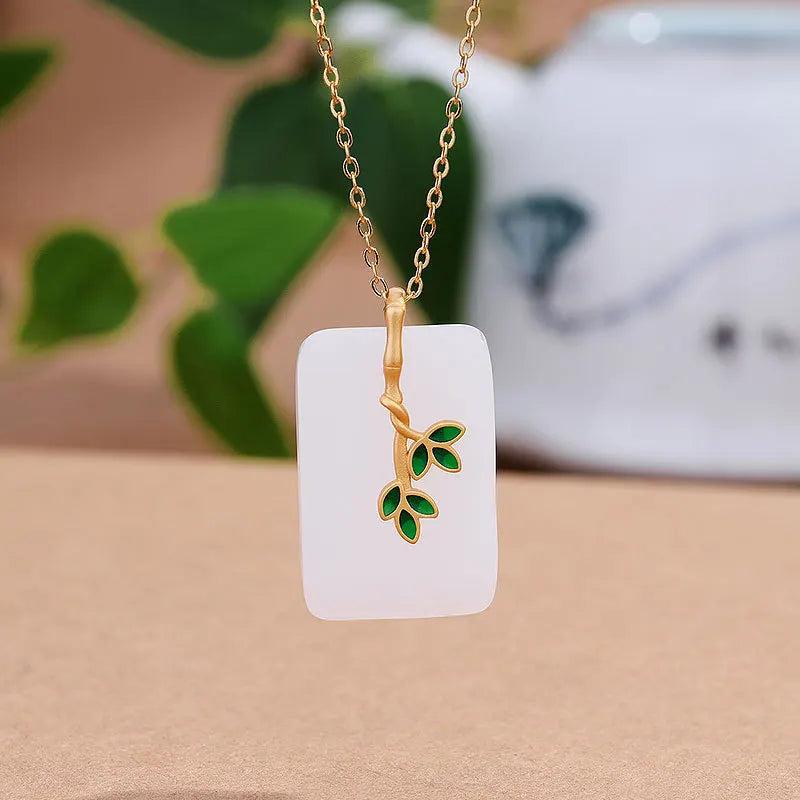 Hotan Jade Square Necklace Pendant, Enamel Bamboo Leaf Charm