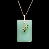 Hotan Jade Square Necklace Pendant, Enamel Bamboo Leaf Charm