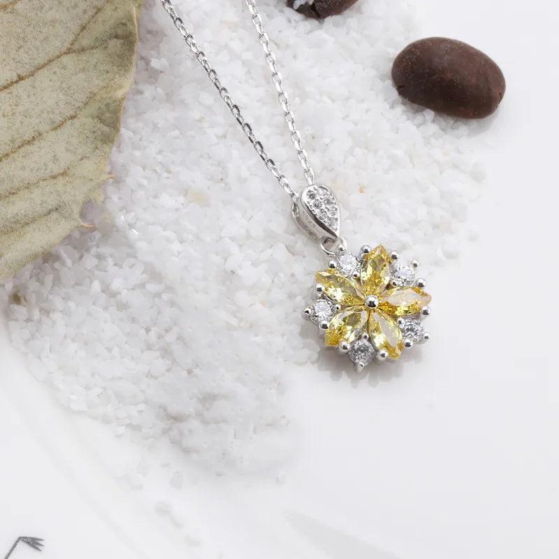 925 Silver Necklace Cherry Blossoms Pendant Pink & Yellow Crystal