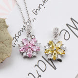 925 Silver Necklace Cherry Blossoms Pendant Pink & Yellow Crystal