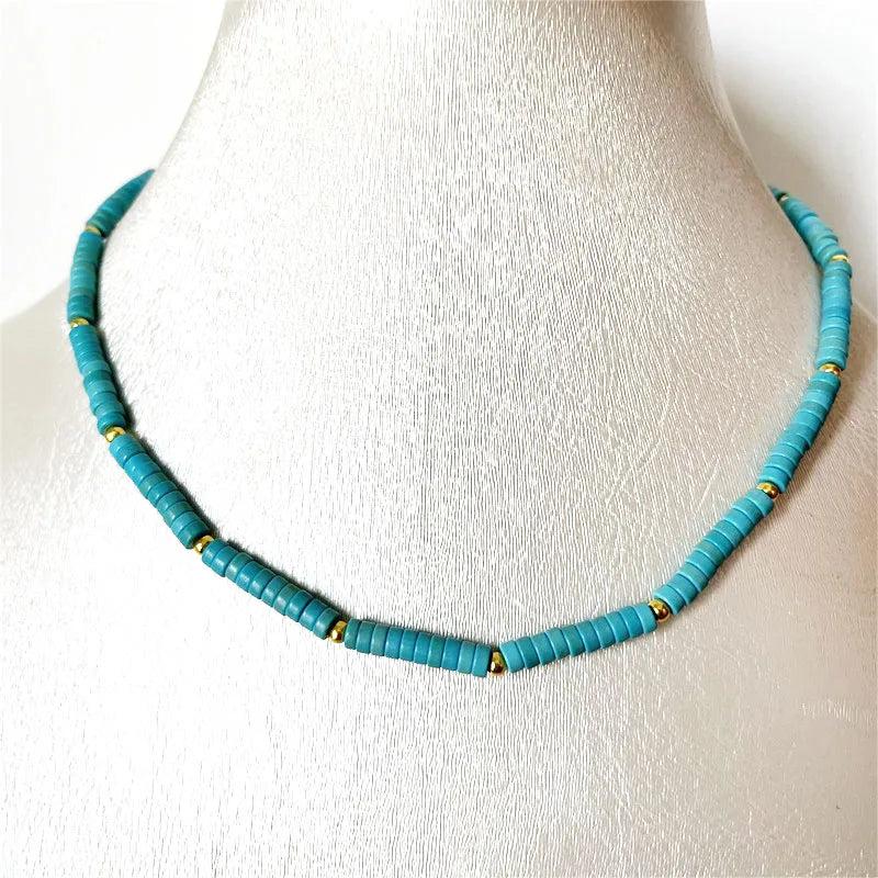 Turquoise Beaded Gemstone Necklace Choker Mother Daughter Surfer Beach Bohemian