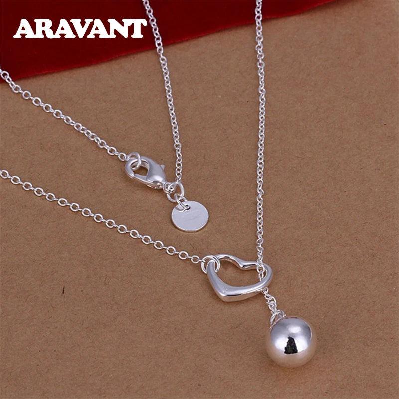 925 Silver Heart Round Bead Long Necklaces Chain for Women Wedding Jewelry