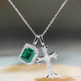Green CZ Cross Pendant Necklace 925 Silver Chain Goth Jewelry