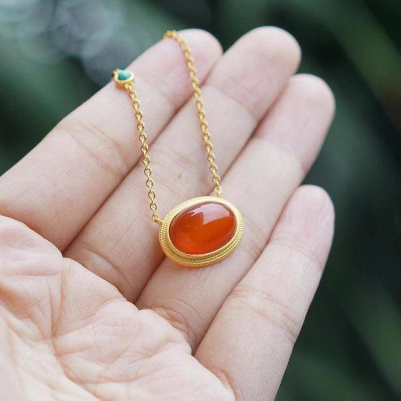 Carnelian Turquoise Egg Face Palace Necklace Oval Pendant