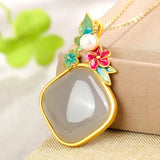 Geometric Purple Jade Necklace with Flower Pendant