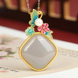 Geometric Purple Jade Necklace with Flower Pendant