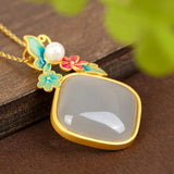 Geometric Purple Jade Necklace with Flower Pendant