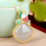Geometric Purple Jade Necklace with Flower Pendant