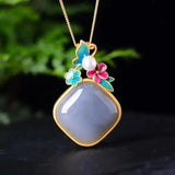 Geometric Purple Jade Necklace with Flower Pendant