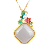 Geometric Purple Jade Necklace with Flower Pendant