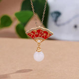 Enamel Red Fan Pendant with Hotan Jade Bead Necklace