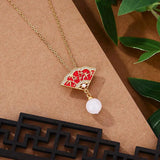 Enamel Red Fan Pendant with Hotan Jade Bead Necklace