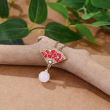Enamel Red Fan Pendant with Hotan Jade Bead Necklace