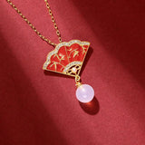 Enamel Red Fan Pendant with Hotan Jade Bead Necklace