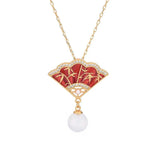 Enamel Red Fan Pendant with Hotan Jade Bead Necklace