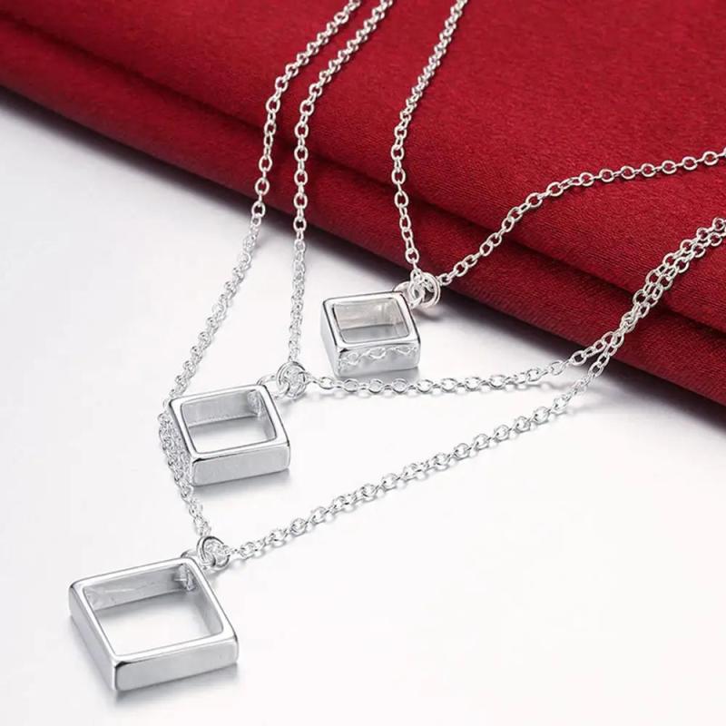 Silver 925 Necklace Women Square Shape Chains Jewelry