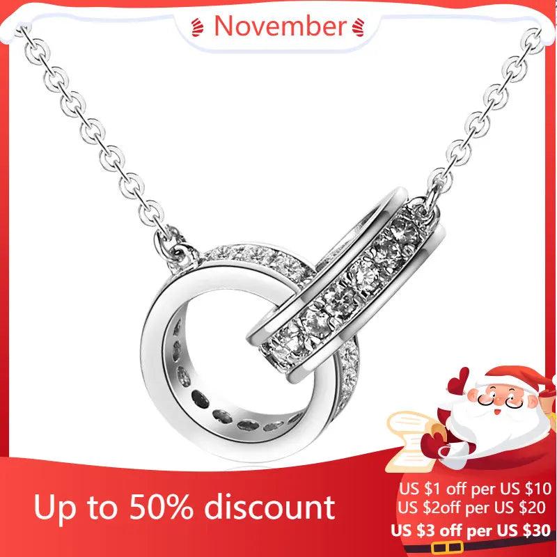 925 Silver Double Circle Zircon Necklace Pendant For Women