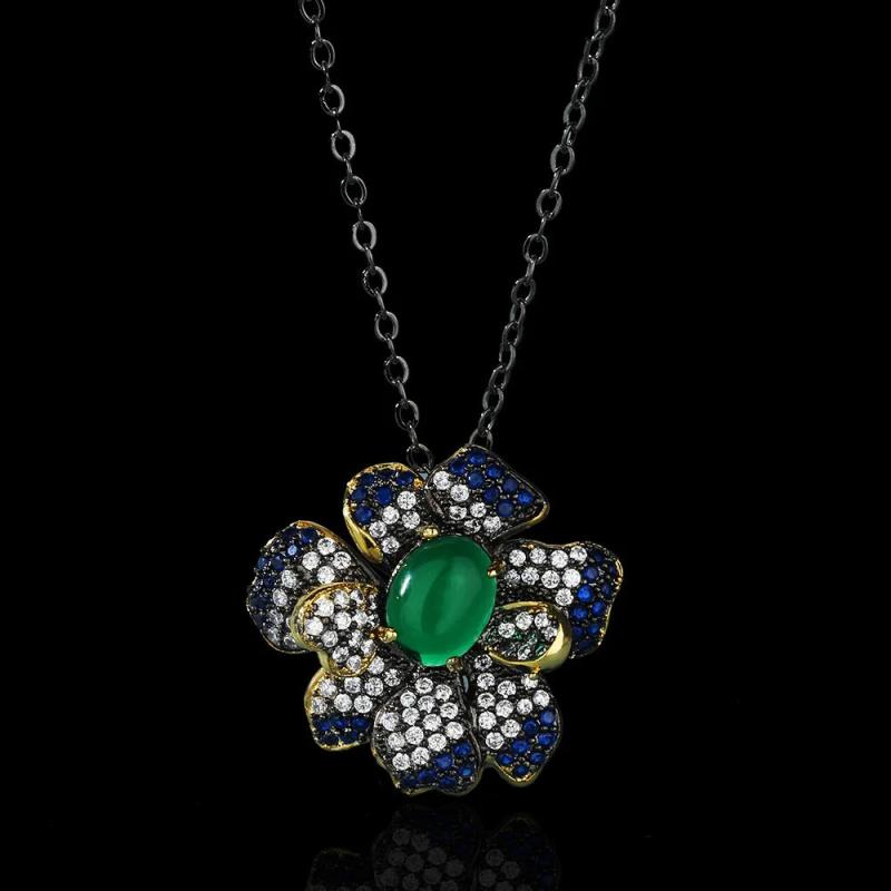 Ethnic Flower Clavicle Chain Green Zircon Pendant 925 Silver Jewelry