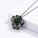 Ethnic Flower Clavicle Chain Green Zircon Pendant 925 Silver Jewelry