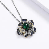 Ethnic Flower Clavicle Chain Green Zircon Pendant 925 Silver Jewelry
