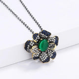 Ethnic Flower Clavicle Chain Green Zircon Pendant 925 Silver Jewelry
