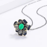 Ethnic Flower Clavicle Chain Green Zircon Pendant 925 Silver Jewelry