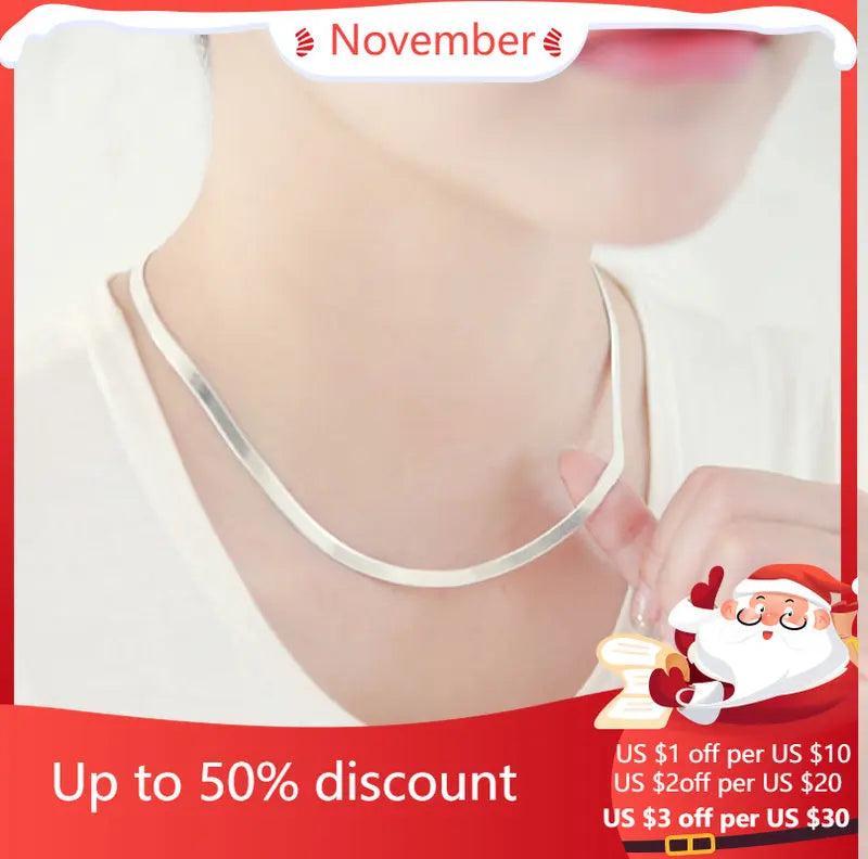 925 Silver Necklace Flat Snake Link Chain Unisex Lobster Clasp Collar