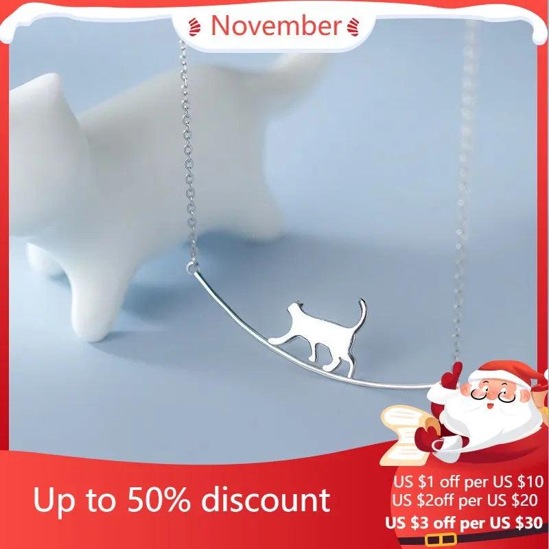 Walking Cat Silver Necklace for Women