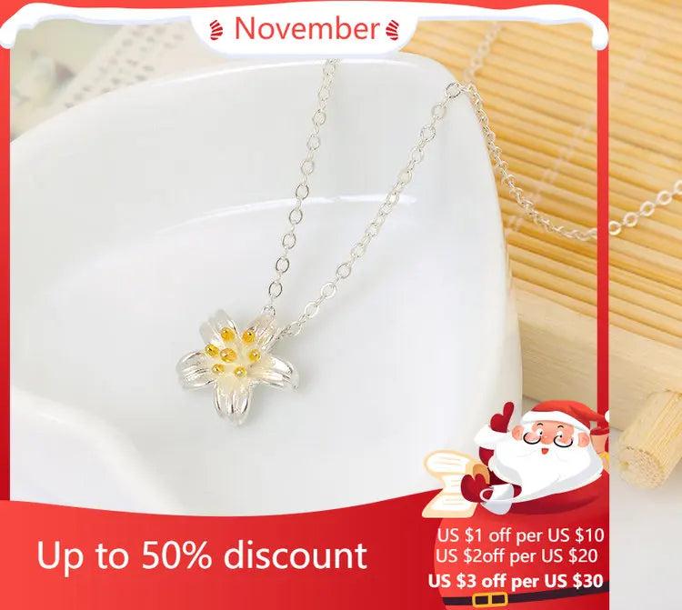 925 Silver Flower Necklace for Women Lady Gift
