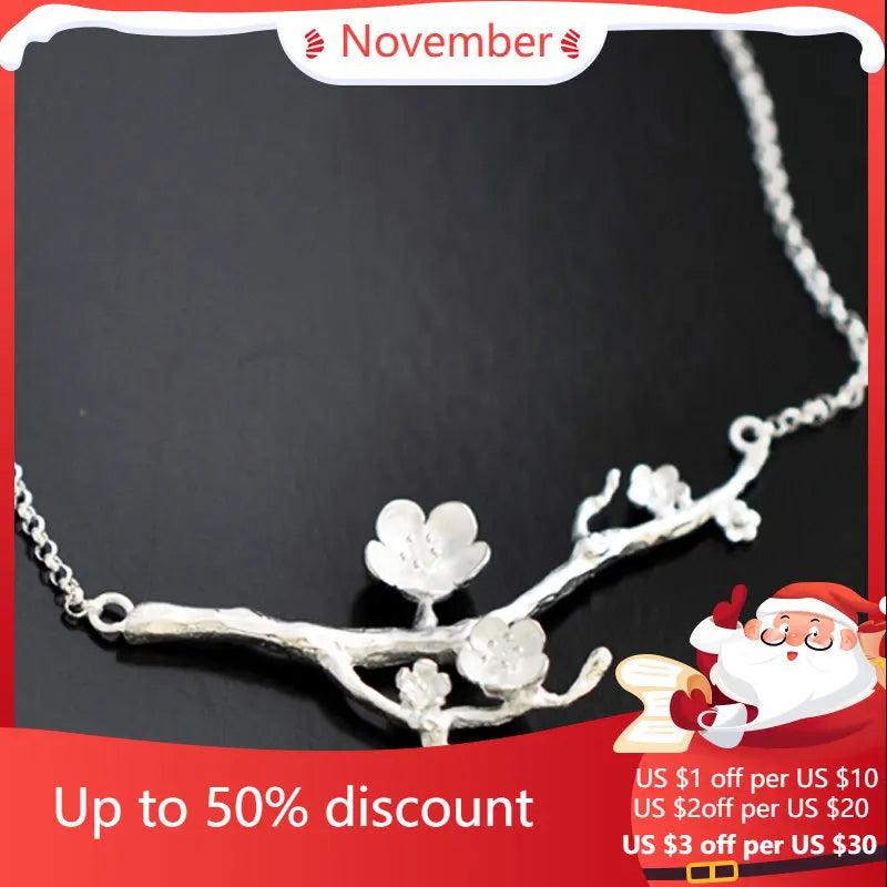 925 Silver Branch Flower Necklace Pendant for Women