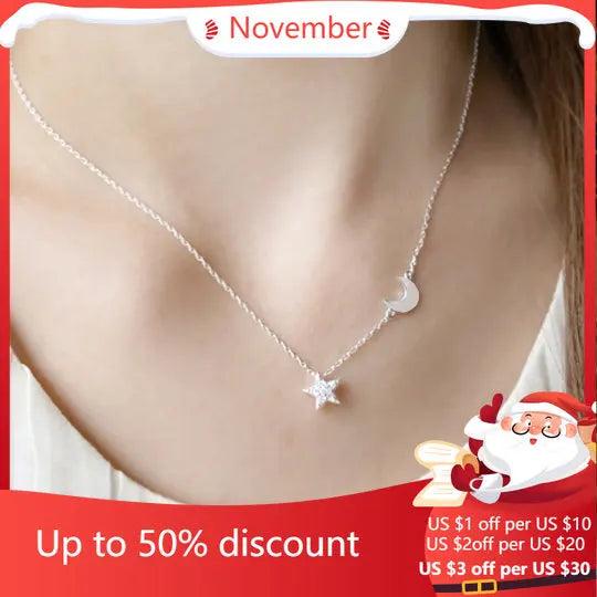 925 Silver Stars Moon Necklace Pendant Women Jewelry