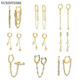 925 Silver Double Chain Hoop Crystal Tassel Earrings