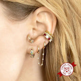 925 Silver Double Chain Hoop Crystal Tassel Earrings