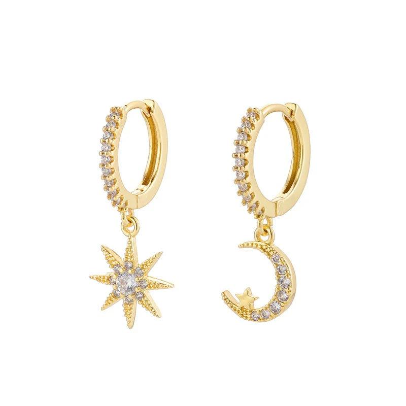 925 Silver Star and Moon Pendant Hoop Earrings