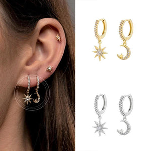 925 Silver Star and Moon Pendant Hoop Earrings