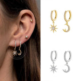 925 Silver Star and Moon Pendant Hoop Earrings