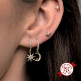 925 Silver Star and Moon Pendant Hoop Earrings