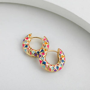 Colorful Enamel Geometric Hoop Earrings Vintage Statement Jewelry