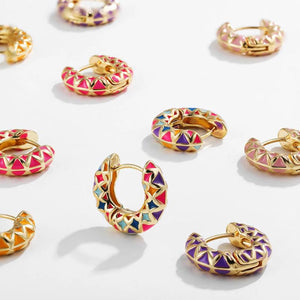Colorful Enamel Geometric Hoop Earrings Vintage Statement Jewelry