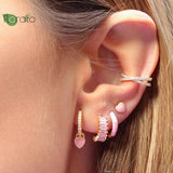 925 Sterling Silver Pink CZ Heart Hoop Earrings for Women