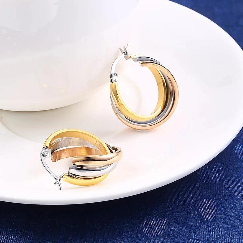 Stainless Steel Multilayered Twist Hoop Earrings 3 Colors