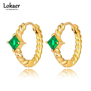 18K Plated Open Hoops Earrings Pink Green CZ Hoops Earrings E22162