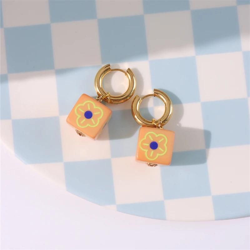 Colorful Print Metal Ear Hoops Small Daisy Cherry Plaid Earring