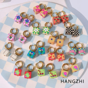Colorful Print Metal Ear Hoops Small Daisy Cherry Plaid Earring