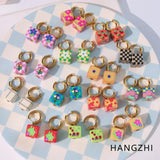 Colorful Print Metal Ear Hoops Small Daisy Cherry Plaid Earring