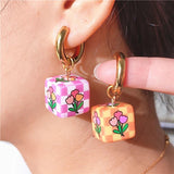 Colorful Print Metal Ear Hoops Small Daisy Cherry Plaid Earring